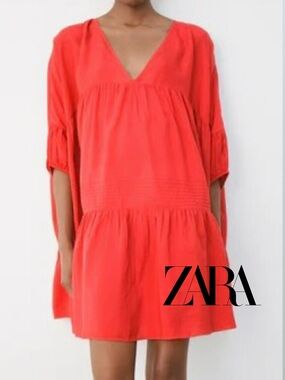 Zara Red V-Neck Tiered Mini Swing Dress